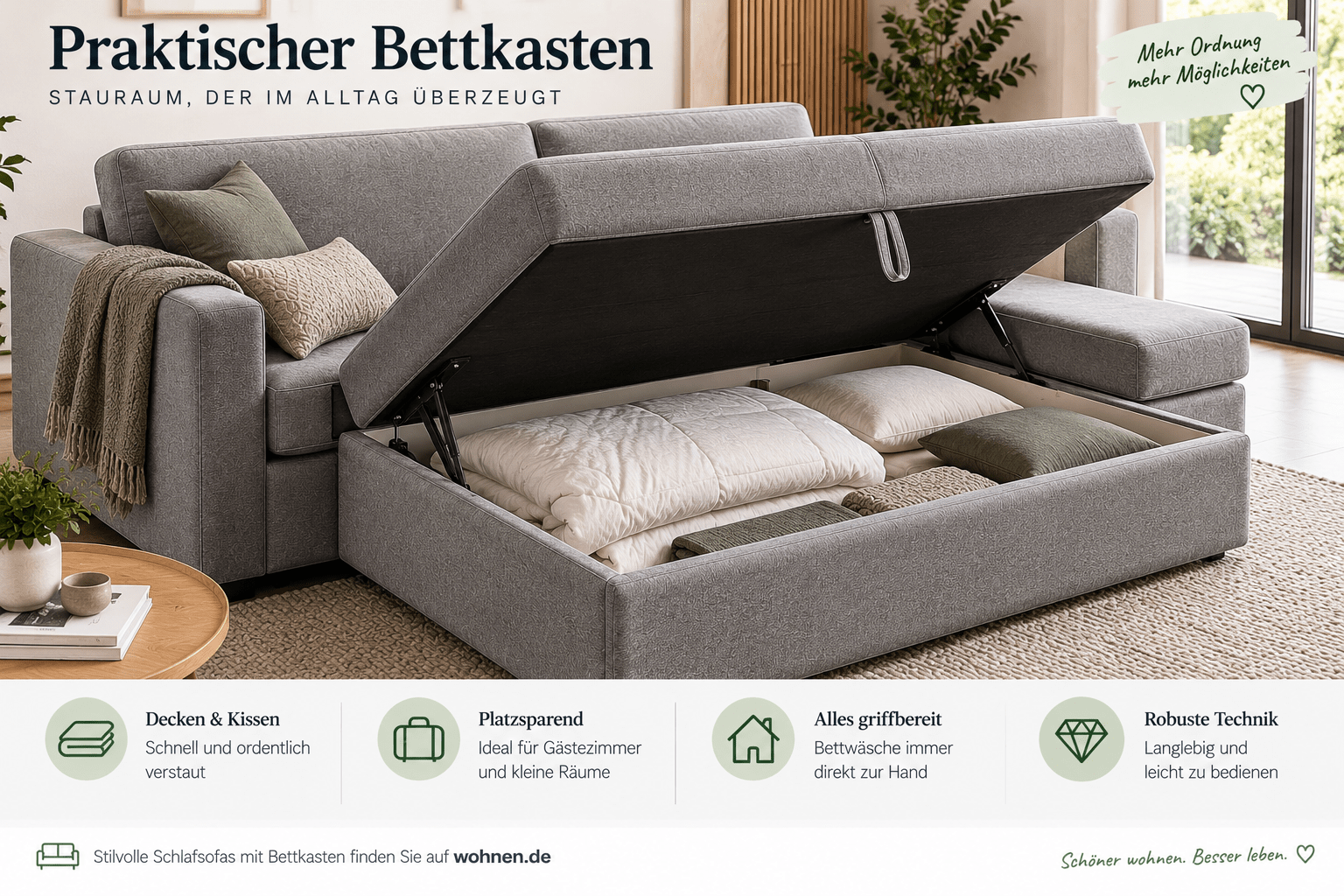 Schlafsofa mit geöffnetem Bettkasten zur Aufbewahrung von Bettdecke und Kissen