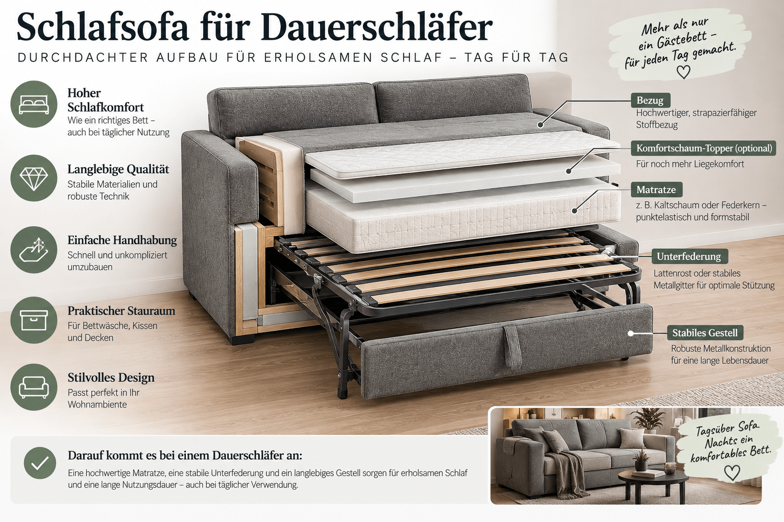 Aufbau eines Schlafsofas für Dauerschläfer mit Matratze, Unterfederung und stabilem Gestell