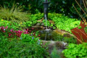 Miniteich harmonisch ins Gartenbild eingebettet